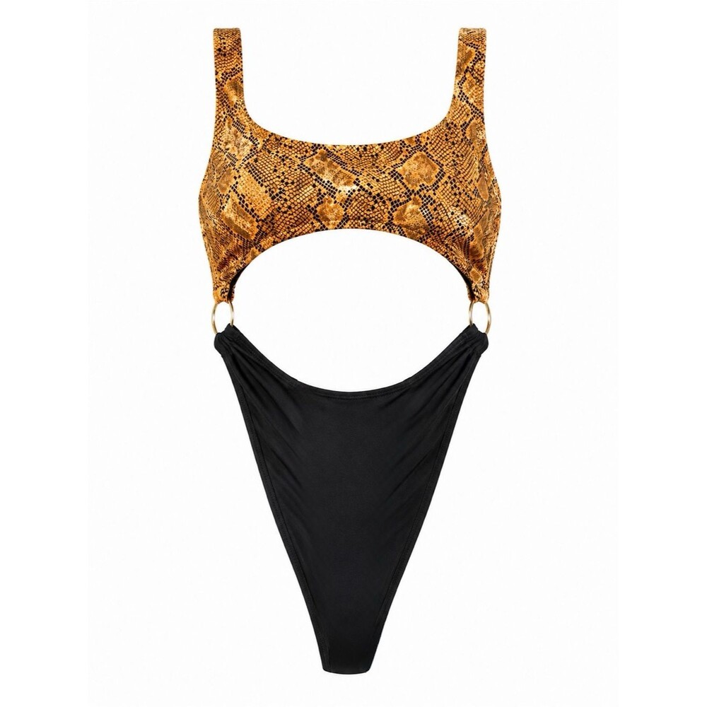 Yandy Snake Print & Black Cutout One-Piece Swimsuit Size XL NEW